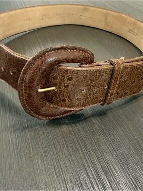 Textured Brown Leather Belt with Rounded Buckle